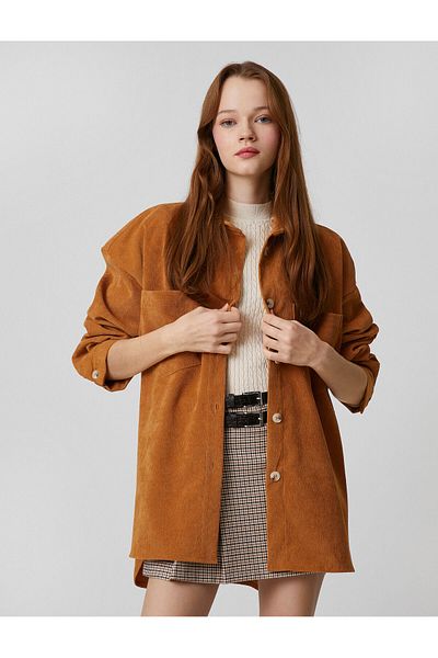 Koton Oversize Shirt Jacket Velvet Pocket Detailed Long Sleeve