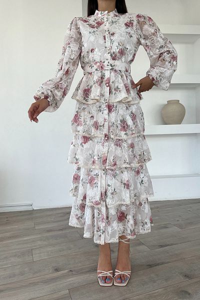 Seda Yalçın Atelier Valon Pink Floral Patterned Stripe Detailed Layered Dress