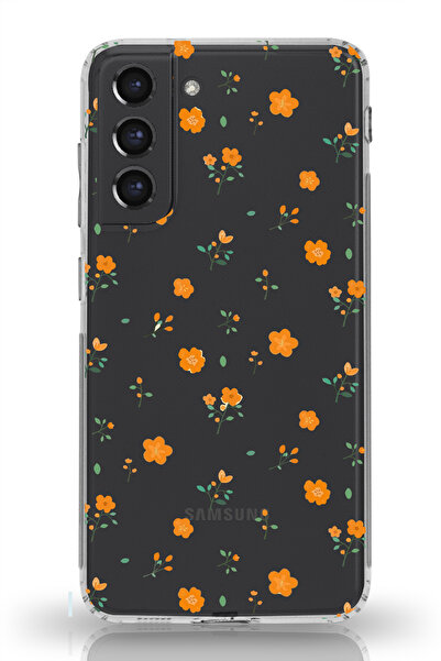 moonset Galaxy S21 FE Uyumlu Turuncu Çiçekler Tasarımlı Baskılı Şeffaf Telefo...