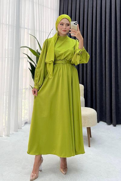 Modaensarbutik Satin Hijab Dress with Tied Sleeves and Belt - olive