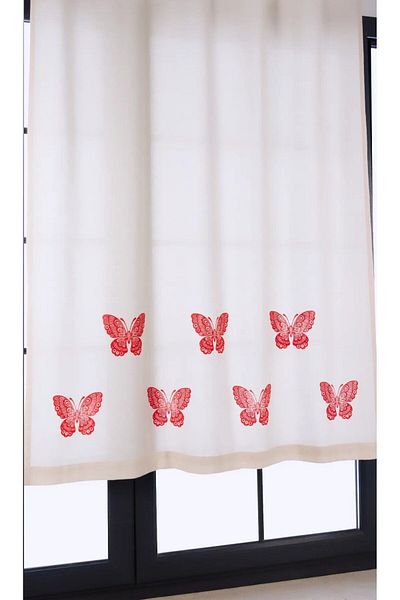 pamukidea Red Butterfly Patterned Cotton Linen Curtain - Summer and Sunshade Buldan Printed Wooden Stone