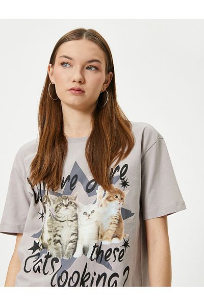 Koton Cat Printed T-Shirt Comfortable Fit Cotton