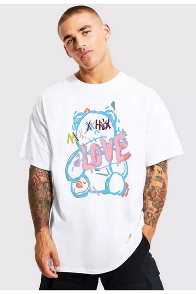 Pink Sky Bear Love Oversize βαμβακερό μπλουζάκι