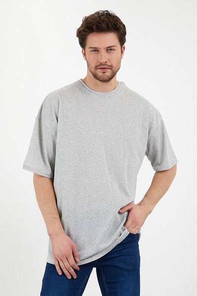 Pink Sky Γκρι μπλουζάκι Unisex Oversize Cotton Crew Neck