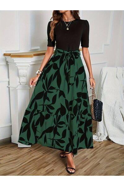 Viyamo Black Patterned Full Length Belted Women's Dress