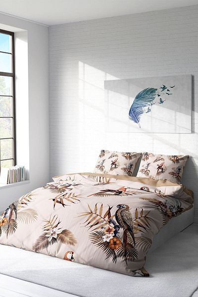 PerlaSera 3D Custom Design - Double Duvet Cover Set, Tightly Woven Cotton Satin, Parrot Land Natural