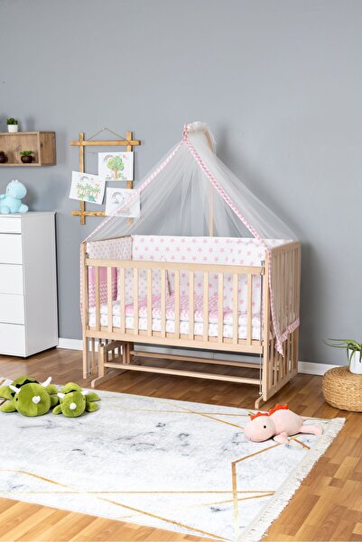 Bamgidoo Ahşap Beşik Anne Yanı Beşik Organik 70x130 - Pembe Yıldız 1 Yastıklı Uyku Seti + Yataklı