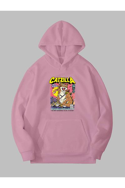 Harmandar Φούτερ με κουκούλα Catzilla Printed Pink Unisex - Φούτερ με κουκούλα με τρεις κλωστές καγκουρό