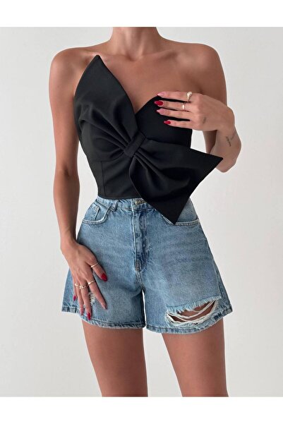 SHEYMA Bustieră neagră fără bretele cu fundă în față