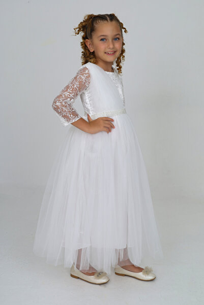 Asortix Kız Çocuk Güpür Desenli Uzun Abiye Elbise