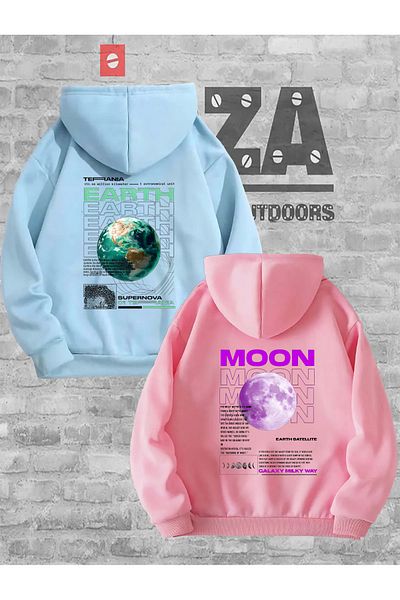 Joza Outdoors Lover Earth and Moon Printed Hooded Sweatshirt 2-Piece Set for Men and Women