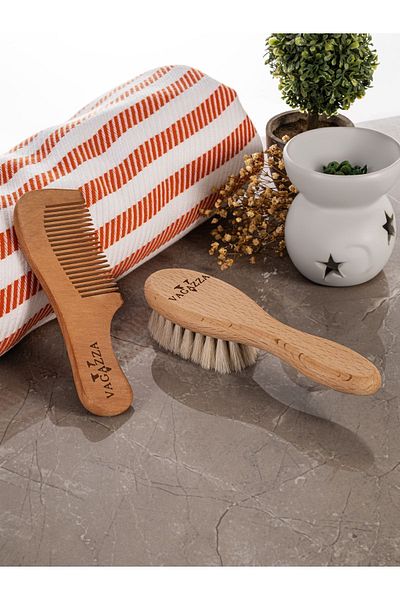VAGAZZA COSMETİC 100% Natural Goat Hair Baby Brush & Small Handle Comb Set