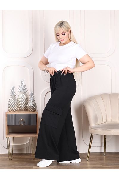 LİKRA Plus Size Women's - Flexible Crepe Trousers with Cargo Pocket and Elastic Waist