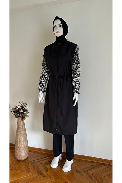 GİZGİYİM Patterned Sleeves Parachute - Three Pieces Full Covered Hijab Swimsuit