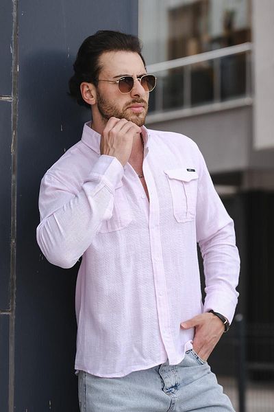 Oksit Ανδρικό πουκάμισο Yx 16686 Slim Fit με διπλή τσέπη, λινό εμφάνιση