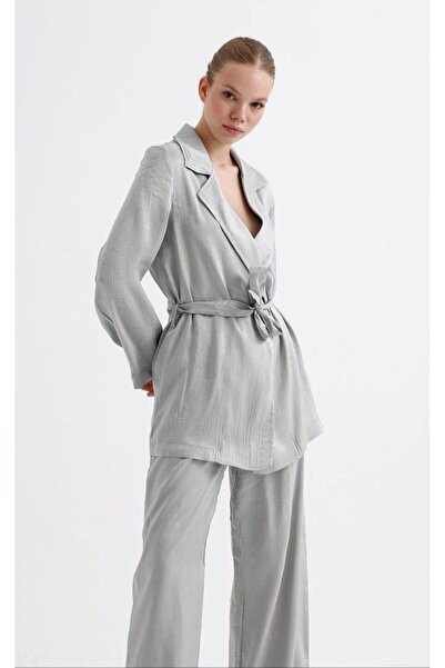 MOCCHI Kuşaklı Ceket Crop Pantolon Saten 3'lü Takım