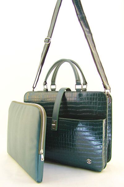 HNB Чанта за лаптоп, унисекс, маслинено зелена, с крокодилска кожа - 15 и 15,6 инча