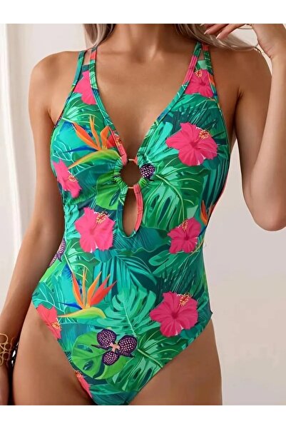 Kokosh moda ملابس سباحة نسائية بطبعة استوائية - تفاصيل حلقة، قطعة واحدة غواص