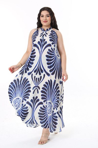 Şans Plus Size Saks Halter Neck Long Crepe Dress - 65n38165