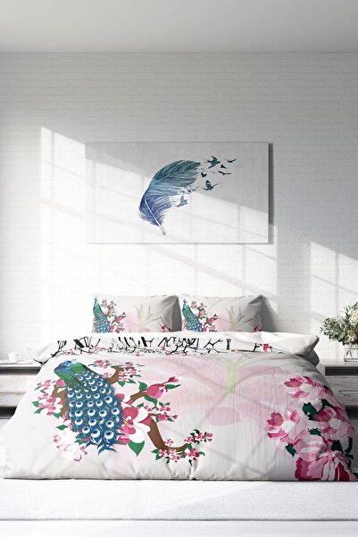 PerlaSera Peacock Naturel 3D Спеціальний дизайн - Двоспальний комплект постільної білизни, щільна бавовняна сатенова тканина