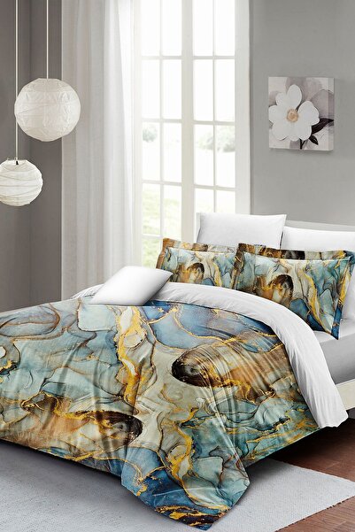 MonoHome طقم غطاء لحاف مزدوج من الساتان القطني بنسبة 100% مع ملاءات جاهزة رخامية لامعة