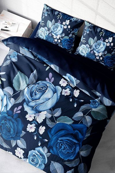 PerlaSera 3D Custom Design Duvet Cover Set - Tightly Woven Cotton Satin, Blue Flower, Double