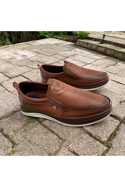 romex Brown Leather Slip-on Loafer with Metal Detail and Decorative Pattern