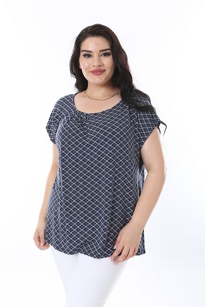 Şans Navy Collar Women's Pleated Blouse - Low Sleeve, Plus Size 65n38212