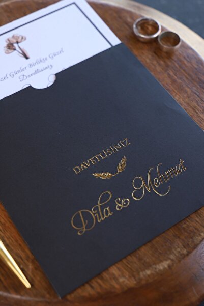 Pixel Davetiye Siyah - 50 Adet Düğün Davetiye Altın Yaldızlı - Düğün - Nişan - Kına Sünnet Davetiyesi-4114