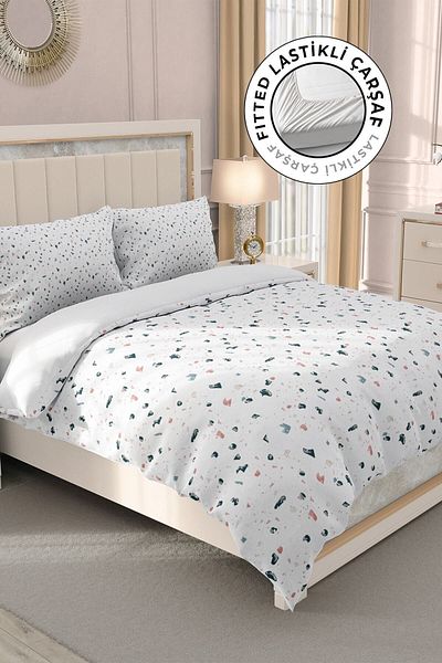 MonoHome 100% Cotton Satin Double Duvet Cover Set with Fitted Sheets Terrazzo