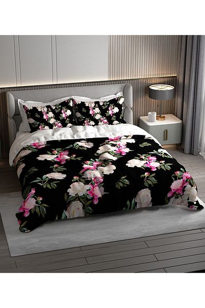 PerlaSera 3D Custom Design - Double Cotton Satin Duvet Cover Set, Black Floral Pattern