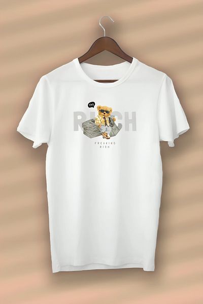 Pink Sky Teddy Freaking Rich Printed - Unisex Λευκό Οργανικό Βαμβάκι