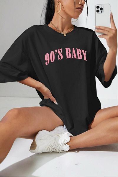 Oksit Tricou oversize pentru damă, cu gâtul rotund, cu imprimeu în față pentru bebeluși din anii 90