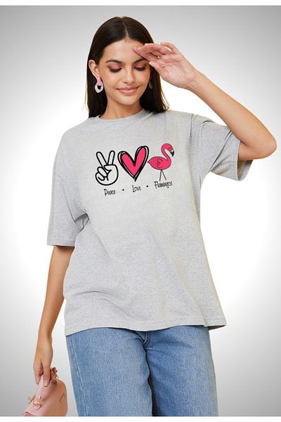 Pink Sky Βαμβακερό μπλουζάκι με στάμπα Flamingo Peace Love Oversize