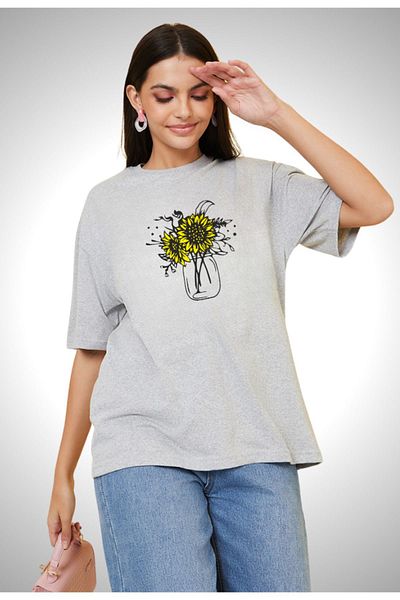 Pink Sky Oversize Βαμβακερό T-Shirt - Λουλούδια εμπριμέ