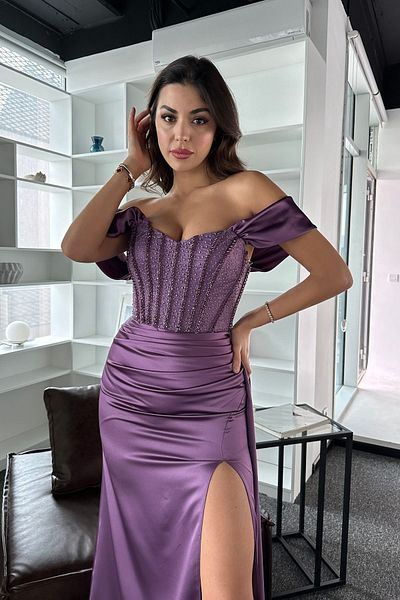 İyem Abiye Satin Design Evening Dress - Top Jewelled and Patterned