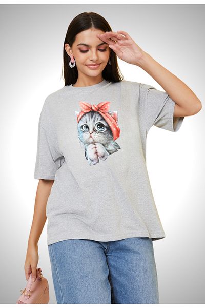 Pink Sky Βαμβακερό μπλουζάκι Oversize Cat Printed