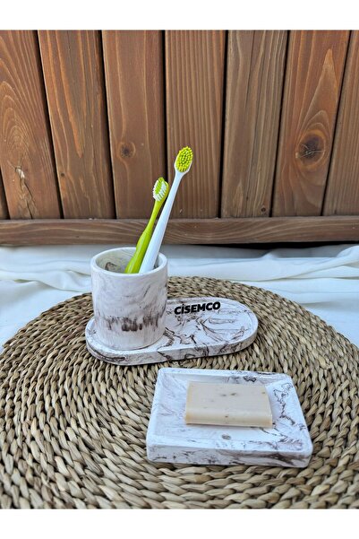 Çisem Set de baie alb cu modele de beton și marmură - 3 piese, suport pentru săpun solid și suport pentru periuță de dinți Tavă decorativă pentru prezentare