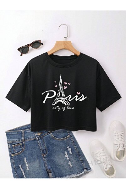 over head oh Crop Top pentru damă cu imprimeu Paris negru - Oversize