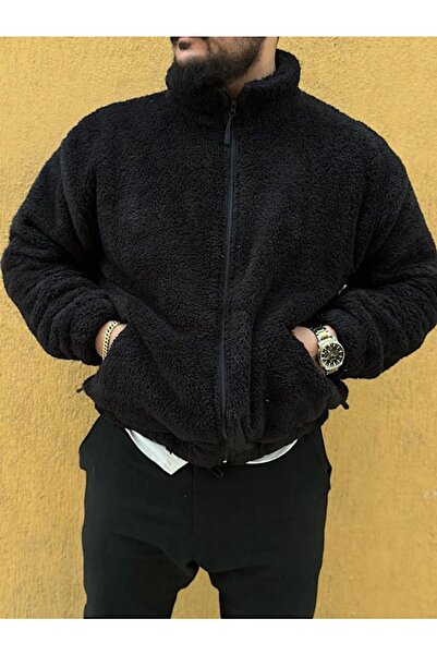 Shine Stone Siyah Renk Peluş Dik Yaka Oversize Ceket