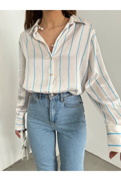 SHEYMA Striped Blue Satin Shirt