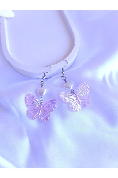 LE&DA Accessory Kalp İnci Detaylı Mor Kelebekli Fairycore Aesthetic Küpe