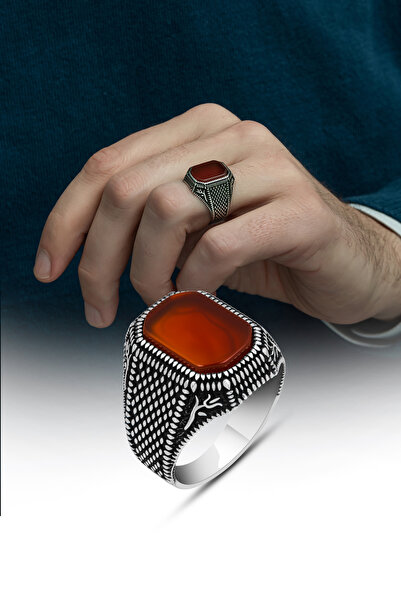 ALYANSEVİM Kare Akik Taşlı Lale Motifli 925 Gümüş Erkek Yüzük