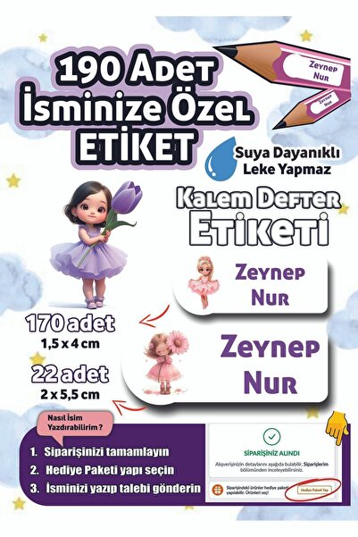 Sevimli Prenses(Princes), Kız Çocuk İsim Yazılabilen Kalem Defter, Kitap, OKul Etiketi,Sticker
