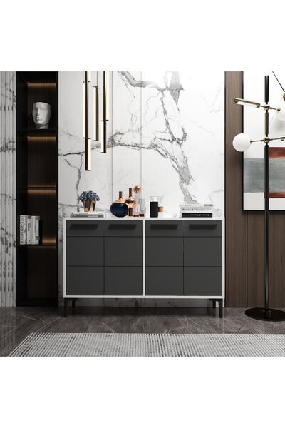 MERT SERT MOBİLYA Stria Tv Sehpası Beyaz Gövde Antrasit Kapak