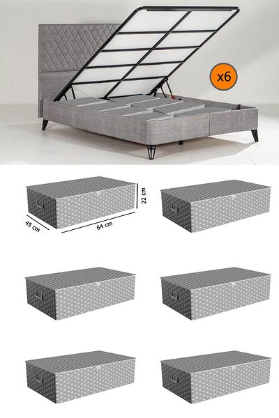 Spartek home textile 6 Pieces - Gray Polka Dot Large Size under Base and Sofa Bed Type Storage Bag 65 X 45 X 22 cm