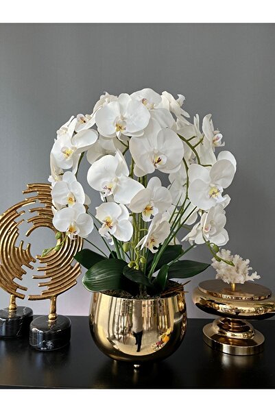 LİLOTEHOME 6 Dal Luxury Islak Beyaz Orkide Aranjman Japon Model Parlak Gold R...