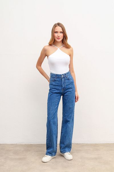 Perryes High Waist Blue Striped Denim Palazzo Jeans