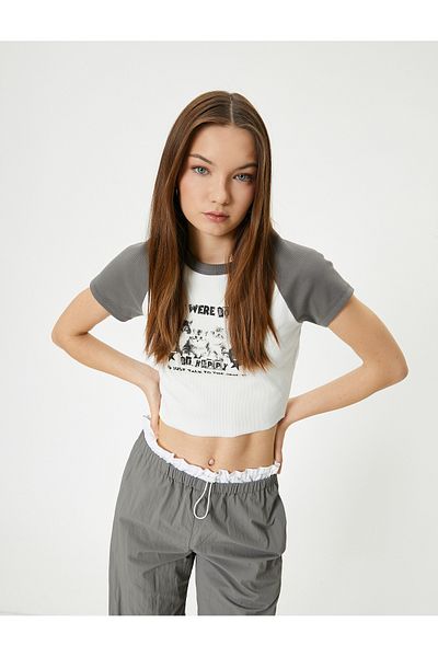 Koton Μπλουζάκι Cat Printed Crop Color Blocked Cotton