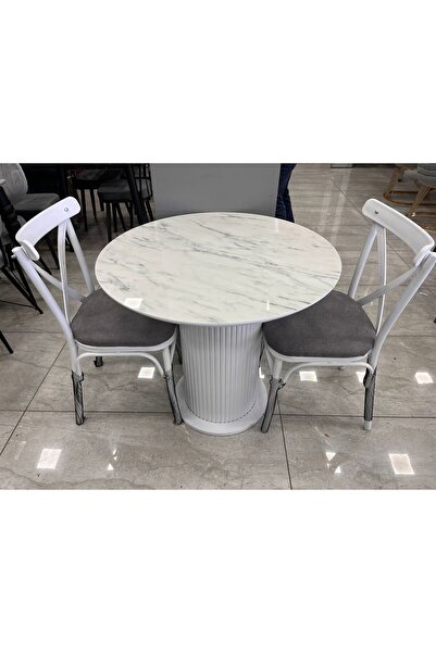 voguetasarım Bohem Mutfak Salon Masa Takımı Beyaz Ayak Marmo Mdf 80 Cm Sabit
